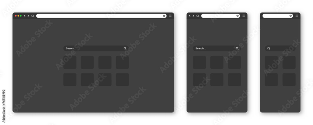 Poster blank web browser window with toolbar and search field. modern website, internet page in flat style.