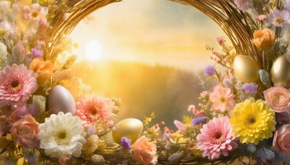 Obraz na płótnie Canvas happy easter frame and decoration with flowers and colorful flowers illustration