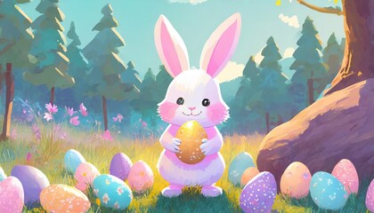 happy adorable cartoon pink easter bunny holding easter egg in a meadow forest by a rock boulder surrounded by multicolored pink purple blue yellow orange and white easter eggs