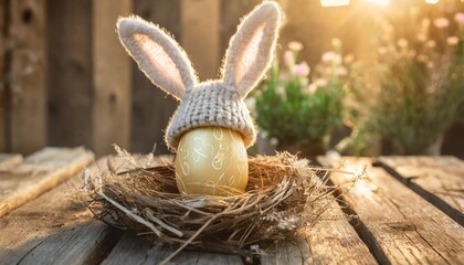 easter egg in a crocheted hat with bunny ears in a nest on old wooden boards home happy easter decoration concept - obrazy, fototapety, plakaty