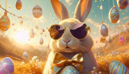 colourful illustration rendering of the cool easter bunny with sunglasses and decoration year of the rabbit