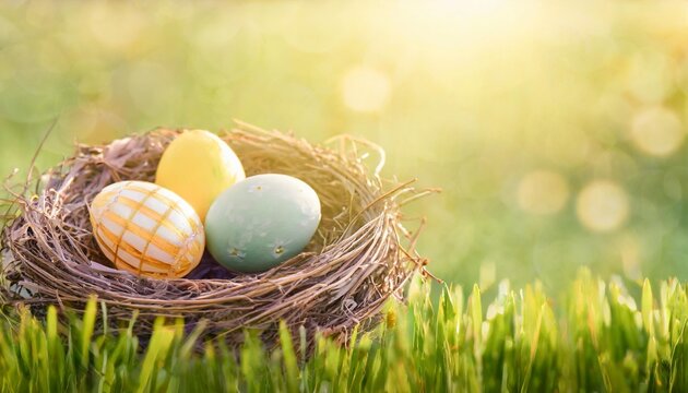 three painted easter eggs in a birds nest celebrating a happy easter on a spring day with a green grass meadow and blurred grass foreground and bright sunlight background with copy space