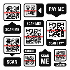 Scan me QR code sticker. Online payment. Special offer sale stickers, shopping discount label or promotional badge. Serial number, product ID. Supermarket retail label, price tag. Vector illustration