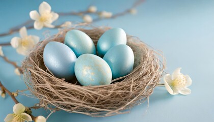 Fototapeta na wymiar pastel blue easter eggs in bird nest on blue background copy space for text