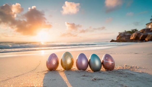 colorful painted easter eggs on paradisiacal beach holy week holiday concept