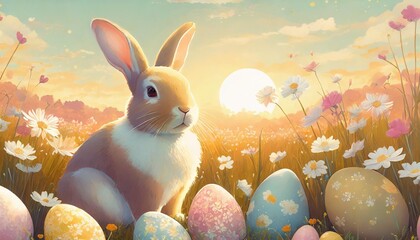 cute rabbit as easter bunny sitting with easter eggs and flowers as illustration