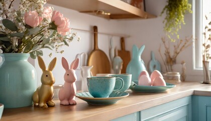 close up of the kitchen shelf and counter with pastel ceramics blue and pink plates and cups flowers and ceramic easter bunnies - obrazy, fototapety, plakaty