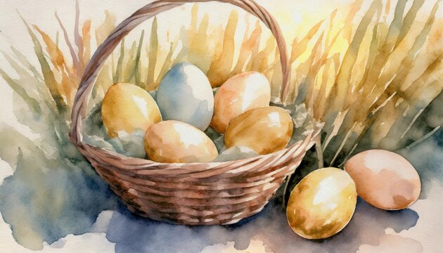 easter eggs in a basket watercolor painting