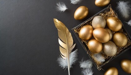 happy easter concept flat lay with gold eggs and feather on black background
