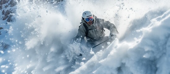 view of a snowboarder sliding through a snow cliff - obrazy, fototapety, plakaty