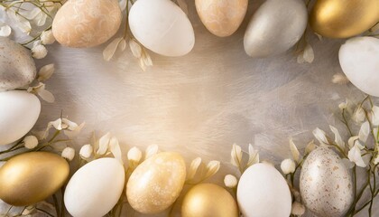 Fototapeta na wymiar beige and white easter eggs frame background with free copy space inside