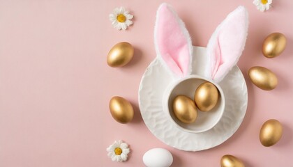 easter decor concept top view photo of easter bunny ears on white circle white and golden eggs on isolated pastel pink background with copyspace
