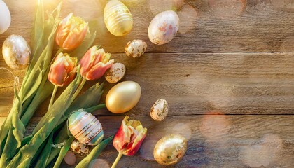 easter holiday background with easter eggs and tulip flowers on wooden table top view from above