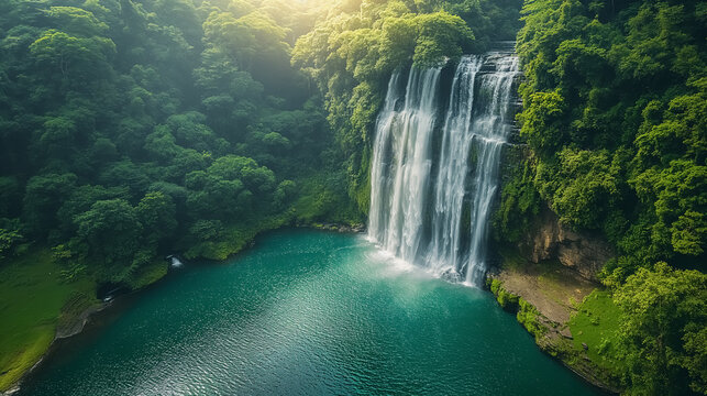 A mesmerizing aerial view of a cascading waterfall nestled within a lush, untouched forest, with sunlight filtering through the canopy, creating a sparkling display of nature's beauty