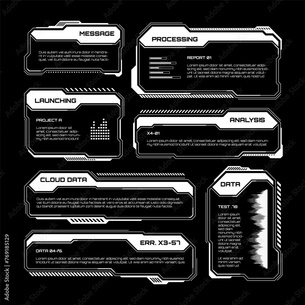 Aufkleber white futuristic hud, ui elements. sci-fi user interface text boxes, callouts. warning message frame