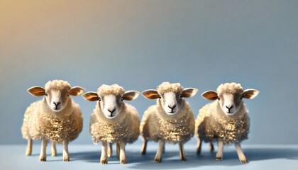 funny easter concept holiday animal greeting card sheep in a row on a blue background close up