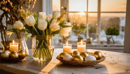 easter home decor with flowers eggs burning candles - obrazy, fototapety, plakaty