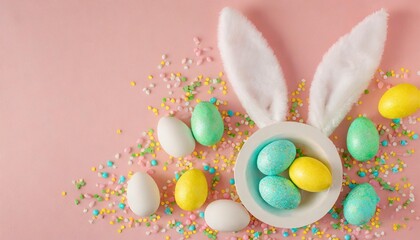 easter decor concept flat lay photo of white circle easter bunny ears yellow blue white and green eggs sprinkles on pastel pink background with blank space