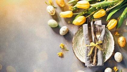 easter festive table setting with easter eggs decoration and yellow tulips flowers on gray background top view with copy space