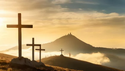 Fotobehang christian easter scene he is risen mount calvary and three silhouettes of crosses at sunrise banner for easter © Josue
