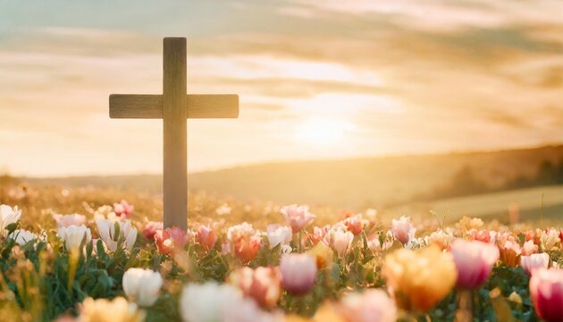 beautiful easter banner with a cross and colorful flowers