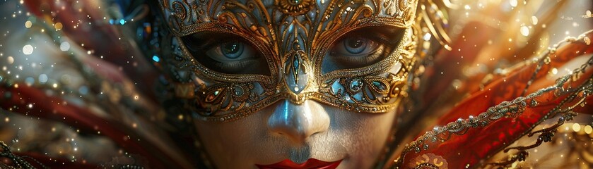 Carnival Mask, Elaborate Venetian mask, Carnevale di Venezia, Masked revelers in a grand Venetian ballroom, Realistic, Backlights, Vignette - obrazy, fototapety, plakaty