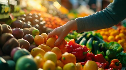 A woman’s hand picks fresh produce at a local market. - obrazy, fototapety, plakaty