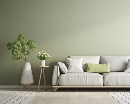 White sofa and pink flowers in a vase near the green wall in the living room