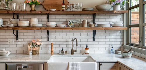 Fototapeta na wymiar A quaint kitchen in the Craftsman style, complete with subway tile backsplash, open shelving holding vintage dishes, and a farmhouse sink