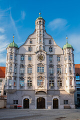 Memmingen, Germany - March 14, 2024: Building of Town hall located on Marktplatz square in Memmingen, Bavaria, Germany