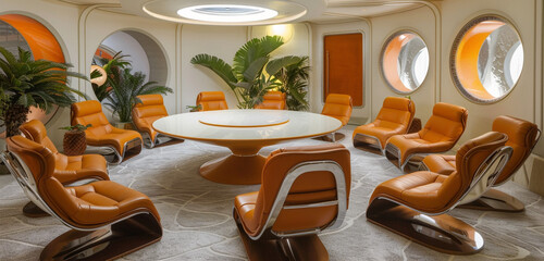 Featuring a circular table and retro-futuristic lounge seats creating a distinctive atmosphere, this conference room blends sci-fi inspired decor and mid-century contemporary furniture