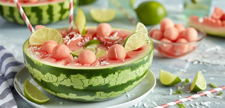 An HD image of a coconut watermelon cooler served in a carved-out watermelon shell, garnished with watermelon balls and lime wedges