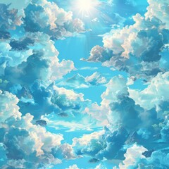 A sky-blue pattern with soft, fluffy clouds, interspersed with golden sunrays in the distance, capturing the sense of wonder and freedom created with Generative AI Technology - obrazy, fototapety, plakaty