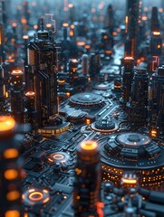 Cryptocurrency platform, legal framework evolving, amidst shifting landscape, futuristic cityscape backdrop, 3D render, spotlight, Vignette - obrazy, fototapety, plakaty