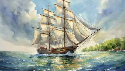 Watercolor painting of a tall ship sailing on calm waters, its sails billowing with wind.