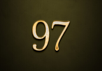 Old gold effect of 97 number with 3D glossy style Mockup.	