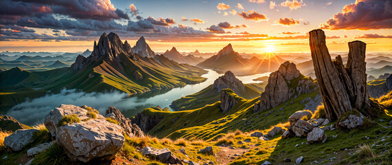 Epic landscape overlooking amazing fjords with rocky mountainous shores at sunset. Nature landscape wallpaper, banner. Created using generative AI tools - obrazy, fototapety, plakaty