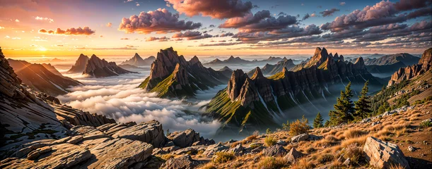 Foto op Canvas Epic landscape with views of mountains and gorges at sunrise. Nature landscape wallpaper, banner. Created using generative AI tools © rustamank