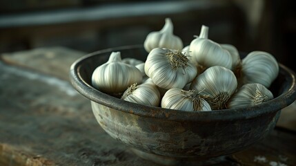 Bowl filled with fresh garlic cloves.