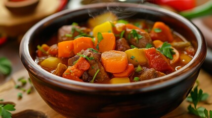 Bowl of stew with a variety of colorful vegetables.