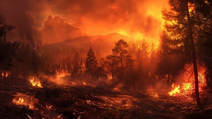 Catastrophic forest fire rages.