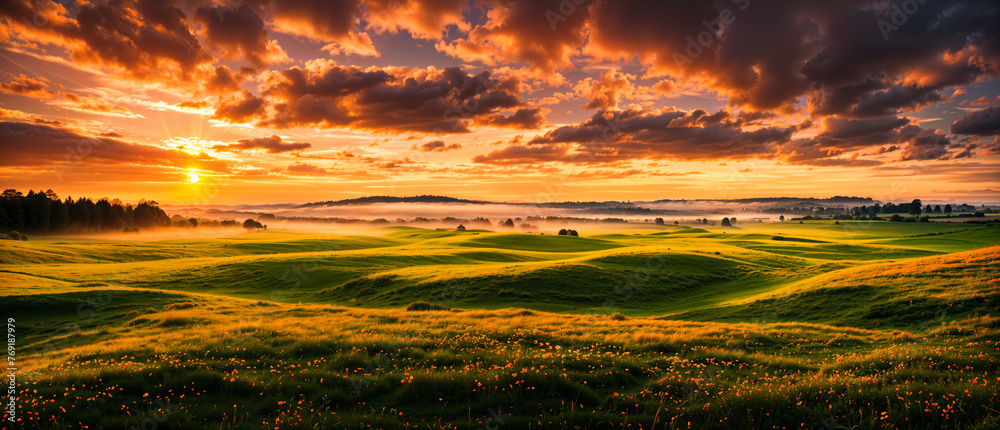 Wall mural summer landscape - view of the meadows, fields and forests covering the hills at sunrise. nature lan