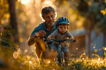 Father teaching son to ride a bike at sunset