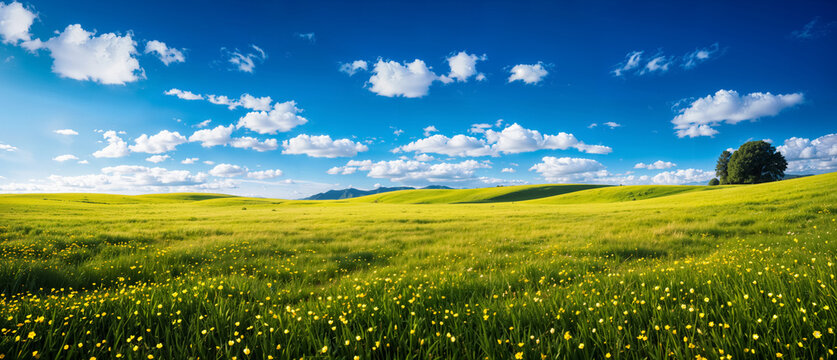 Beautiful green meadows with hills. Natural summer background, nature landscape wallpaper, banner. Created using generative AI tools