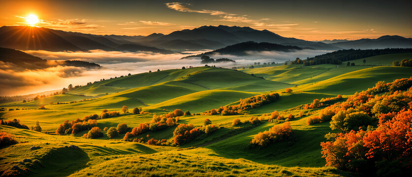 Autumn landscape - view of the meadows, fields and forests covering the hills at sunrise. Nature landscape wallpaper, banner. Created using generative AI tools