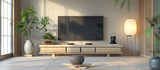 Minimal interior design with wooden Japanese TV cabinet in room.