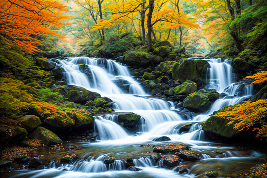 Autumn landscape - view of a mountain river with a cascade of waterfallsin the autumn forest. Created using generative AI tools