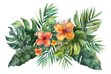 Fototapeta na wymiar Watercolor tropical flowers and foliage arrangement on transparent background - stock png.