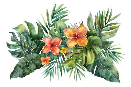 Watercolor tropical flowers and foliage arrangement on transparent background - stock png.