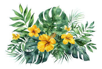 Watercolor tropical flowers and foliage arrangement on transparent background - stock png. - obrazy, fototapety, plakaty